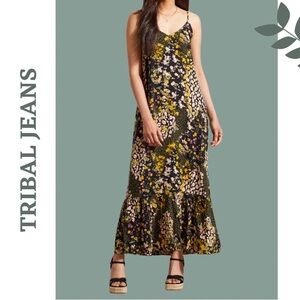 Tribal Jeans Floral Print Maxi Dress Back Elastic Smocking Black Yellow Size XS